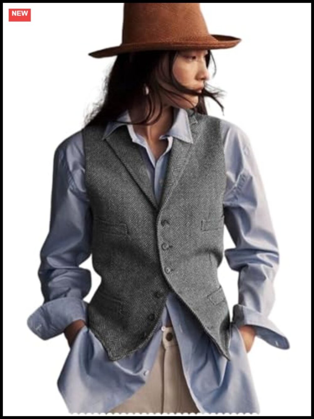 Herringbone Tweed Waistcoat V-Neck Lapel Suit Vest Sleeveless